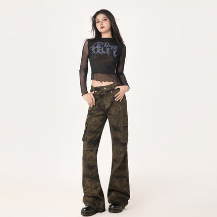 raccoon dog house# high street washed old multi-pocket camouflage Denim overalls for men and women with the same style tide brand loose straight pants
