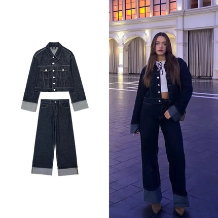 Cross-border European and American women's AliExpress INS explosions Denim jacket coat horn hemming pants suit
