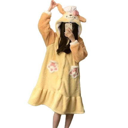 Butter Cake Chef Dog Pajamas Women's Winter Coral Fleece Thickened fleece-lined Winter Long Nightgown Home Clothes suit