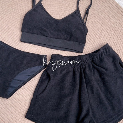 South Korea ins new solid color towel fabric camisole elastic waist loose shorts women's split swimsuit