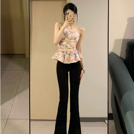 Tall Women's Black Flared Jeans, Spring High-Waisted Slim Fit Stretchy Floor-Length Bootcut Pants