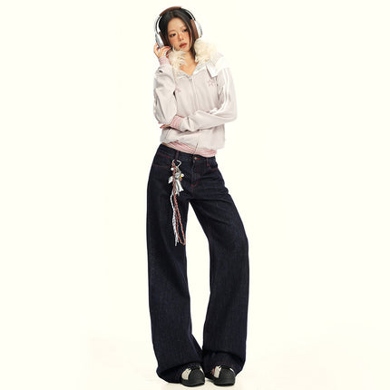Retro Versatile Red Line Design Slim Wide-Leg Jeans Loose Straight Floor-Length Pants for Autumn 2025 by Li She