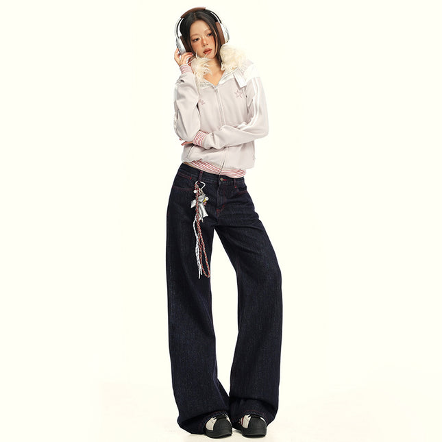 Retro Versatile Red Line Design Slim Wide-Leg Jeans Loose Straight Floor-Length Pants for Autumn 2025 by Li She