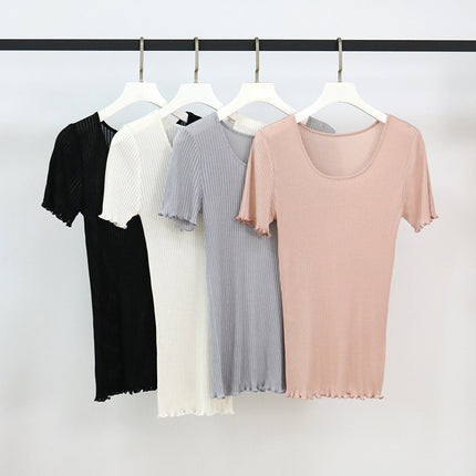 Tangge Silk T-Shirt Women's Short-Sleeved Bottoming Shirt Summer Versatile Slim Mulberry Silk Garden Collar Threaded Tight Top Thin
