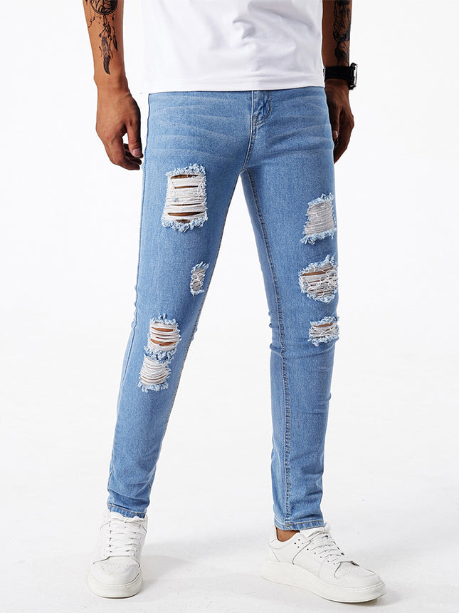 New American Style Trendy Ripped Light Blue Stretch Jeans Men's Pants Wholesale Zengcheng Xintang