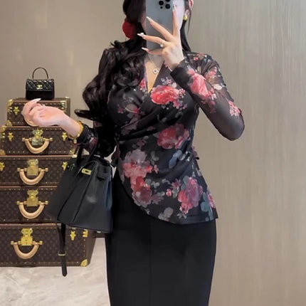 Korean Style Asymmetrical Cross-Waist V Neck Floral Shirt for Women Spring and Autum New Slim Slim Short Top Ins