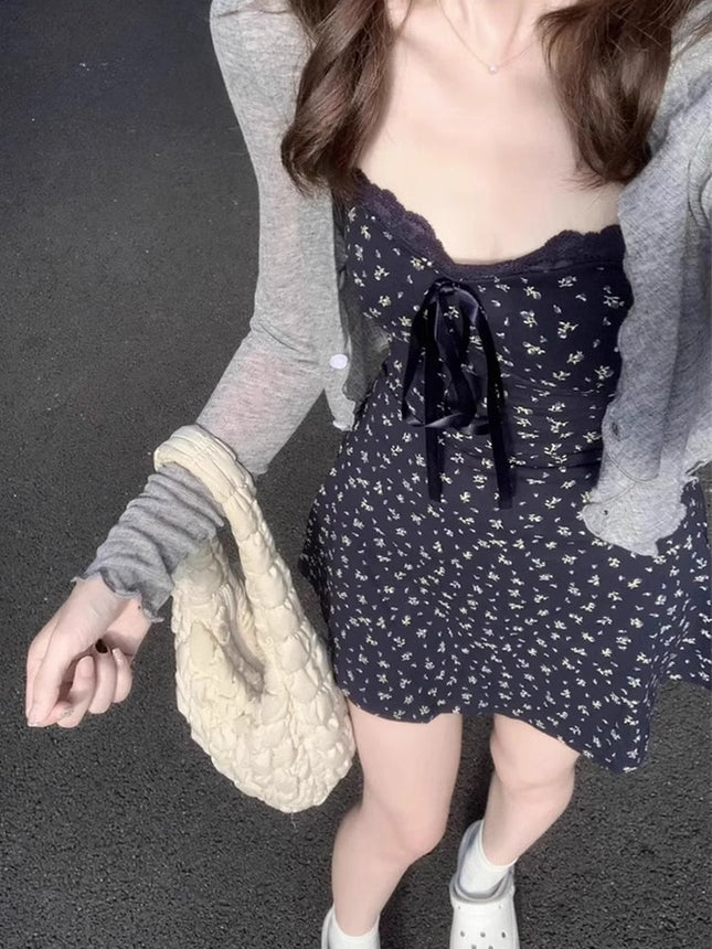 Blue Purple Floral Sling dress Women's Summer 2025 New Arrival Short Short Skirt with Short Waist and Super Fire Sweet Style
