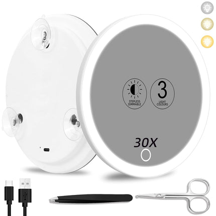 New 30 times magnification makeup mirror charging led light with lamp 360 degree bracket with lamp mirror 3 suction cup 10X20X