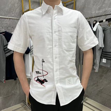 Factory Direct Camp Spring and Summer New TB Puppy Embroidered Sleigh Pattern Short Sleeve Oxford Shirt for Men and Women Couples Same Style