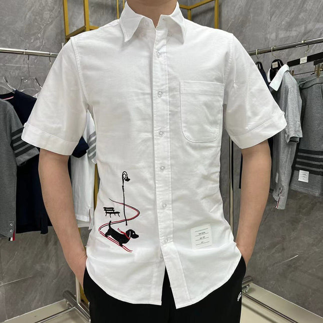 Factory Direct Camp Spring and Summer New TB Puppy Embroidered Sleigh Pattern Short Sleeve Oxford Shirt for Men and Women Couples Same Style