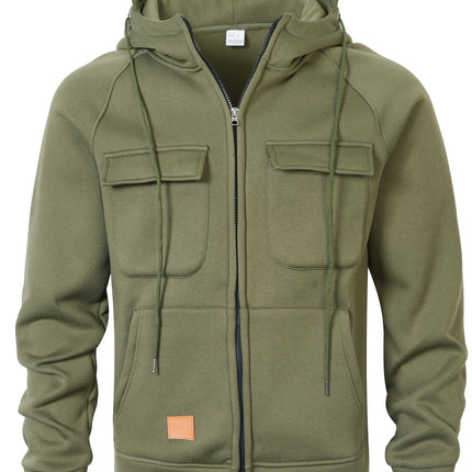 Spring, Autumn and Winter American Workwear Retro Hooded Loose Brushed Sweatshirt for Men, Youth Multi-Flap Pocket Pants Leather Cardigan Jacket
