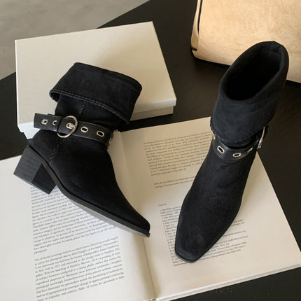 Knight Boots Women's 2025 Autumn and Winter New Retro Suede Northwest Wind Cowboy Boots Square Toe Thick Heel Medium Heel Travel Short Boots