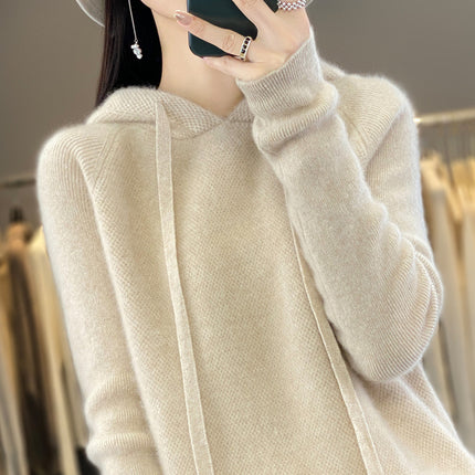 First-line clothing pure wool 2025 spring new women's short solid color hoodie pullover base sweater sweater