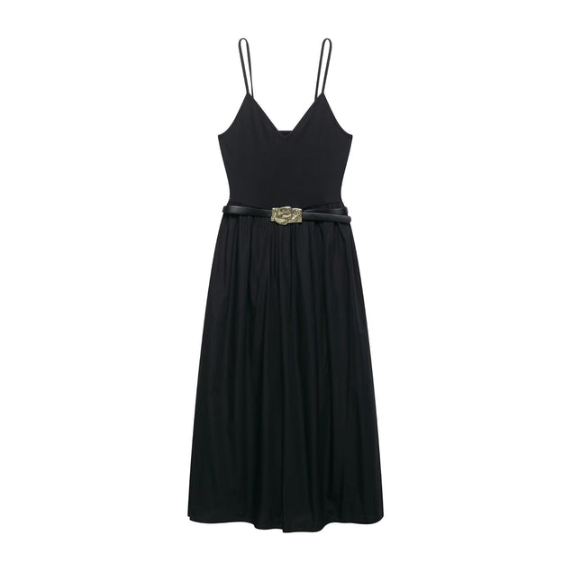Za Export Women's Clothing 2025 New Summer Style French High-End Elegant Waist with Belt Sleeveless Black Dress