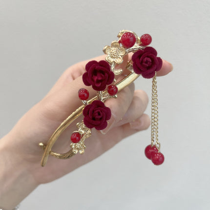 Red flocking plum blossom hair buckle clip headdress female summer tassel one-word hairpin back head hairpin hair clip