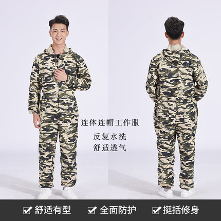 Camouflage One-Piece Work Clothes for Men, Breathable Dust-Proof Labor Protection Clothing with Hood, Spray Paint Polishing, Stain-Resistant Work Clothes, Thin and Wear-Resistant