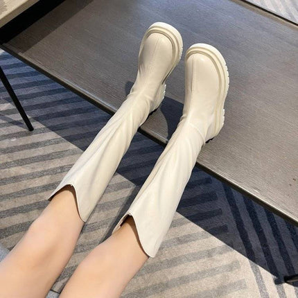 New Autumn and Winter Platform Thick-Soled High Boots for Women, Fleece-Lined, Height-Increasing, Slimming Knight Boots, Large-Toe Zipper Boots