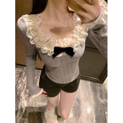 Winter New Sweet Style Lace Splicing Long-Sleeved Shirt for Women Niche Chic Slimming Age-Reducing Bottoming Top Trend