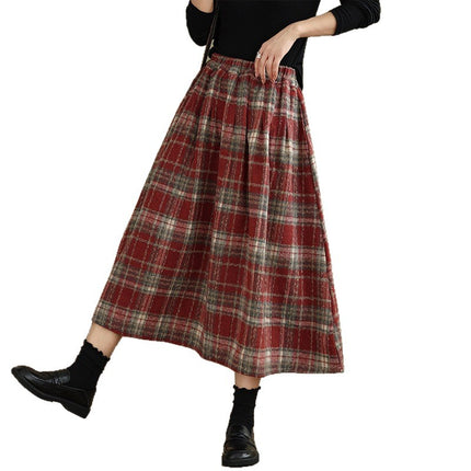 Real Shot of Thickeneded Woolen Elastic Waist Casual Plaid Skirt Retro Literary A-Line Skirt for Women 2025 Autumn and Winter New Products