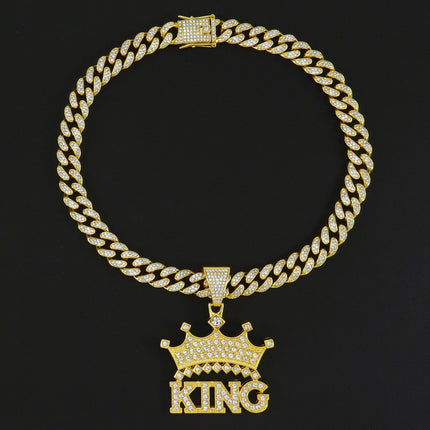 Full Diamond Crown King Letter Pendant Cuban Chain Necklace Hipster Hip Hop Personality Diamond Punk Wear Clavicle Chain