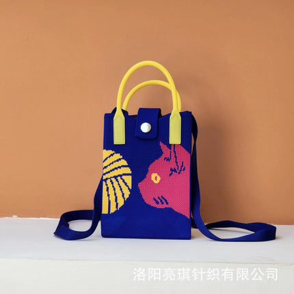 New Woven Simple Fashion Mobile Phone Bag Cute Cartoon Cat Knitted Bag Women's Small Square Bag Color Heart