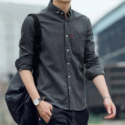 Shirt Men's Long-sleeved fleece-lined Thickened Korean Style Slim-fit Striped Scrub Men's Shirt Autumn Casual Trendy Coat