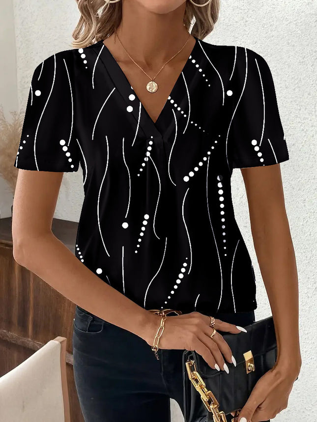 European and American Cross-Border 2025 Summer New Product Amazon Independent Station Temu Fashion Casual Printed V Neck Top T-Shirt Women's Clothing