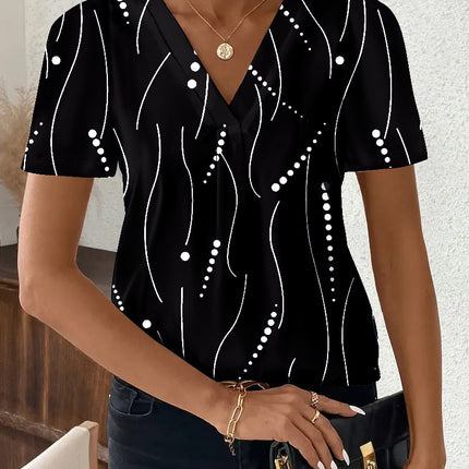 European and American Cross-Border 2025 Summer New Product Amazon Independent Station Temu Fashion Casual Printed V Neck Top T-Shirt Women's Clothing