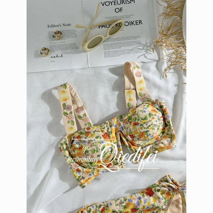 Source Factory Summer New Style Fresh Pastoral Style Vacation Bikini Small Breast Push-Up Split Swimsuit with Skirt for Women