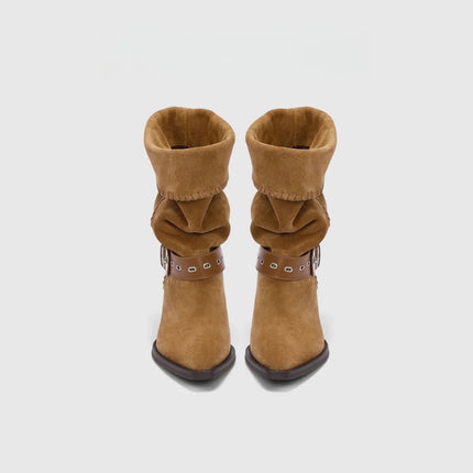 Zhong Chuxi's Same Style Retro Knight Short Boots, Pleated Stacked Boots, Genuine Leather Pointed Toe Short Boots, Women's Western Knight Boots