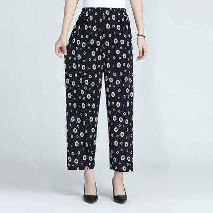Foreign Trade Plus Size Middle-aged and Elderly Summer Thin Breathable Nine-point Flower Pants Mom Pants Ice Silk Loose Straight Pants