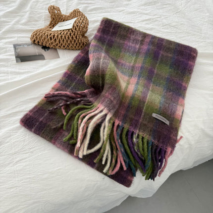 Lavender Purple and Green Wool Blend Plaid Scarf for Women, Winter Korean Style, Versatile and Warm Neck Warmer Trendy