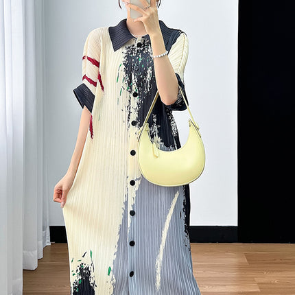 Miyake Simple Printed Casual Waist Loose Long Dress 2024 Summer Pleated Single-breasted New Women's dress