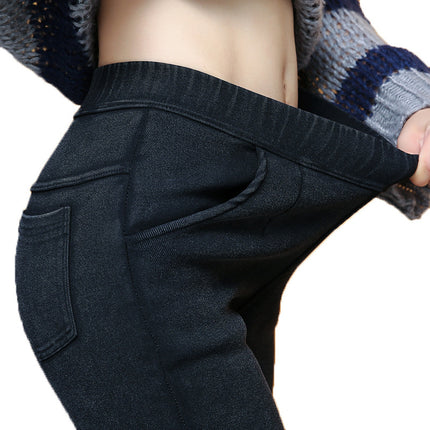 Winter new fleece-lined thickened sand wash elastic imitation denim leggings 300kg plus size women's pants wholesale