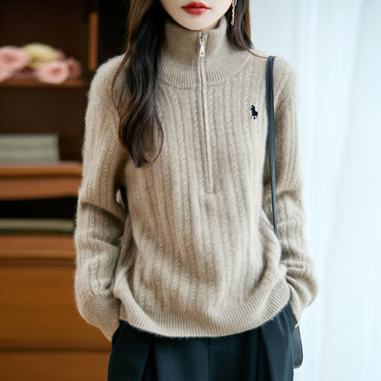 Autumn and Winter New Women's 100% Pure Wool Sweater Thickened Half-Zip Collar Cable Embroidered Horse Knit Sweater Base Layer