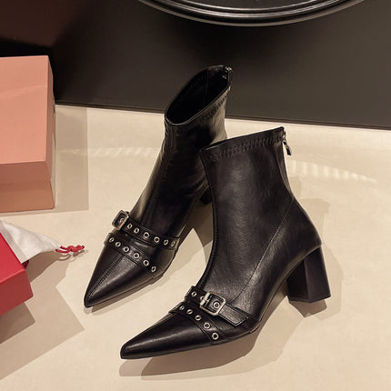 Punk Style Pointed Toe Short Boots Women's Boots 2025 New Spring & Fall Single Boots Rear Zipper Slim Boots Low Heel Ankle Boots