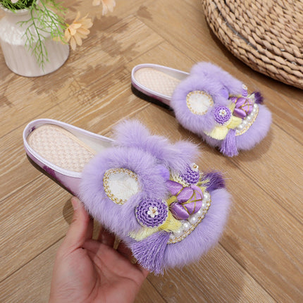 Tiger Head Shoes Women's Adult Spring and Summer Soft Sole Home Outfit Retro Purple Baotou Half Slippers Intangible Handmade Embroidered Shoes