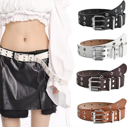 2025 Korean Style Hollow Out Punk Casual Belt Women's Fashion Star Air Eye Decorative Double Row Belt Women's in stock
