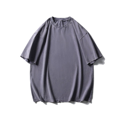 Black Fleet Distressed Short-Sleeve T-Shirt, Pure Cotton, Washed, Versatile for Everyday Wear, Crew Neck, Drop Shoulder, Half-Sleeve Top Mgd202