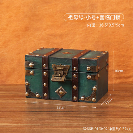European Retro Wooden Storage Box with Lock Chinese Antique Emerald Square Jewelry Box Photography Props Treasure Box