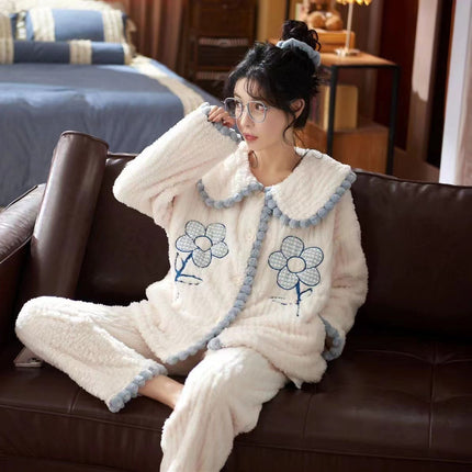 Flannel Autumn and Winter Pajamas Women's Sweet Internet Popular Ins Style Chanel Style Warm Long Sleeve Coral Fleece Home Clothes suit