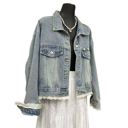 Lace stitching spring Korean retro Denim short coat this year's popular women's lapel design jacket
