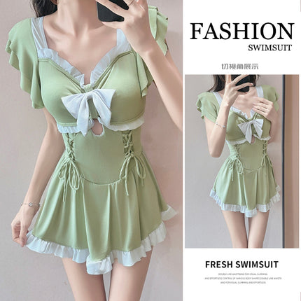 Swimsuit for Women 2025 New Sweet Bow One-Piece Skirt Style Conservative Slimming Look Belly-Covering Vacation Swimsuit Student Hot Spring