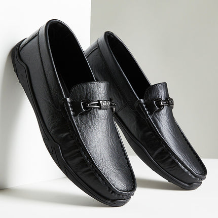 Doug Shoes Men's 2024 Summer New Men's Casual Leather Shoes Leg Lazy Shoes Soft Sole Breathable Business Loafers