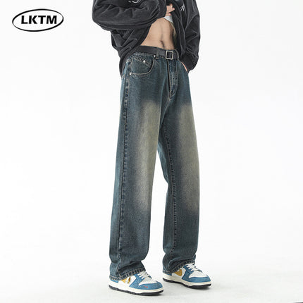 LKTM Men's# Retro American Nostalgic Retro Green Jeans Men's Straight Loose Pendant Casual High Street Pants