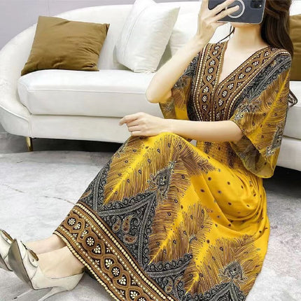 Cross-border ethnic style V-neck cotton silk short-sleeved beach skirt Thailand travel dress summer printed holiday floral skirt