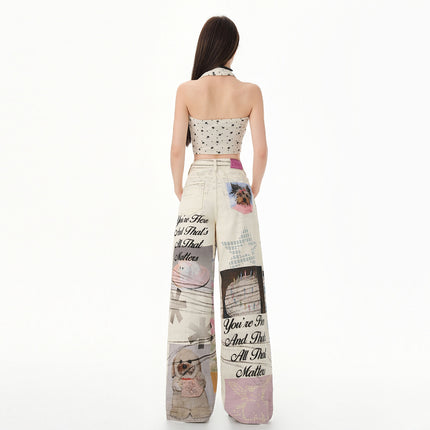 Raccoon House # American Retro Niche Fun Print Series Module Image Design Loose Wide-Leg Jeans Trendy