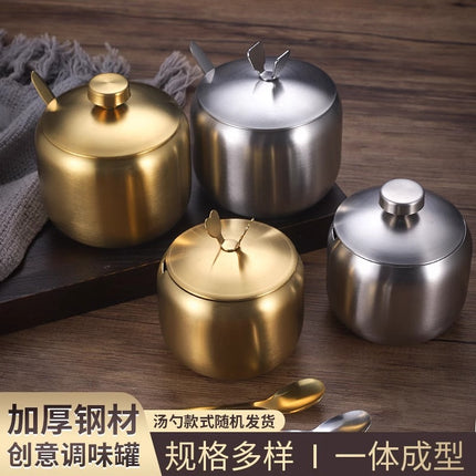 Cross-border Korean-style 304 stainless steel seasoning jar kitchen chili sauce oil salt jar with spoon seasoning box creative golden jar