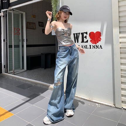 American Style Ripped Bootcut Jeans for Women 2025 Summer New Loose High-Waisted Slimming Non-Stick Leg Flared Pants