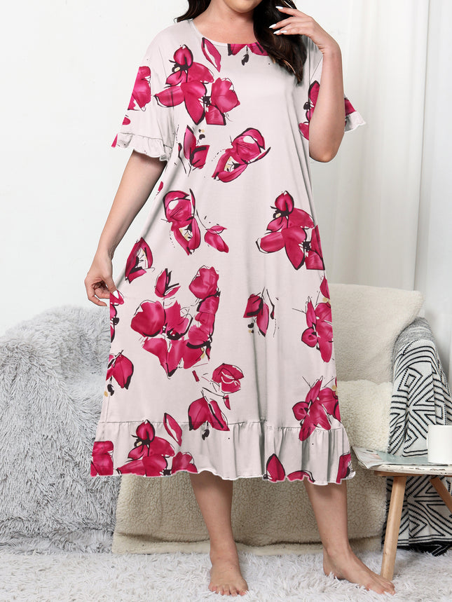 Cross-border Europe and America Amazon Spring and Summer New Short-sleeved Floral Printed Nightdress Home Clothes plus size Women's Casual Pajamas